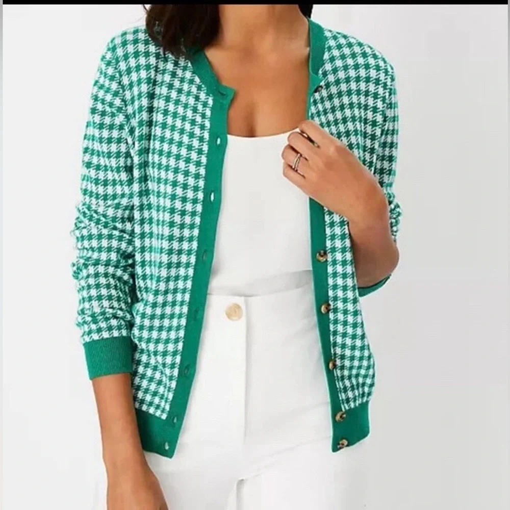 Ann Taylor Houndstooth Cardigan Sweater Green-XL - Picture 1 of 3